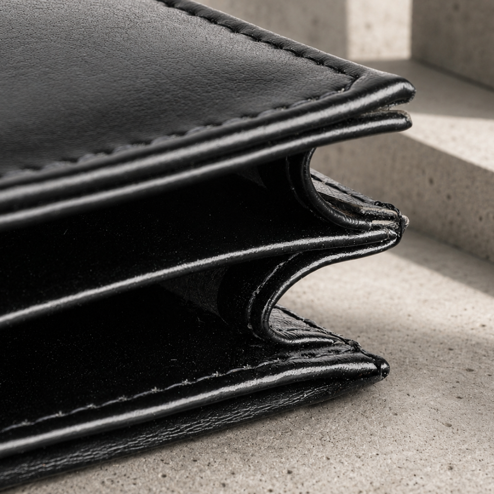Détail de la tranche à compartiments du porte-document A4 noir