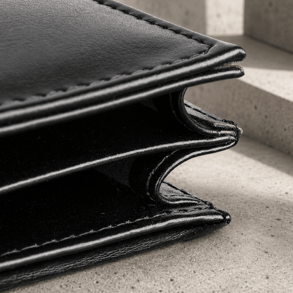 Détail de la tranche à compartiments du porte-document A4 noir