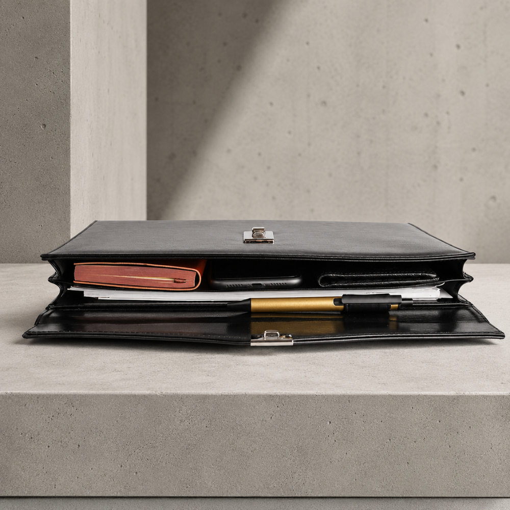 Porte-document ouvert montrant l'intérieur avec carnet, téléphone, stylo et documents A4