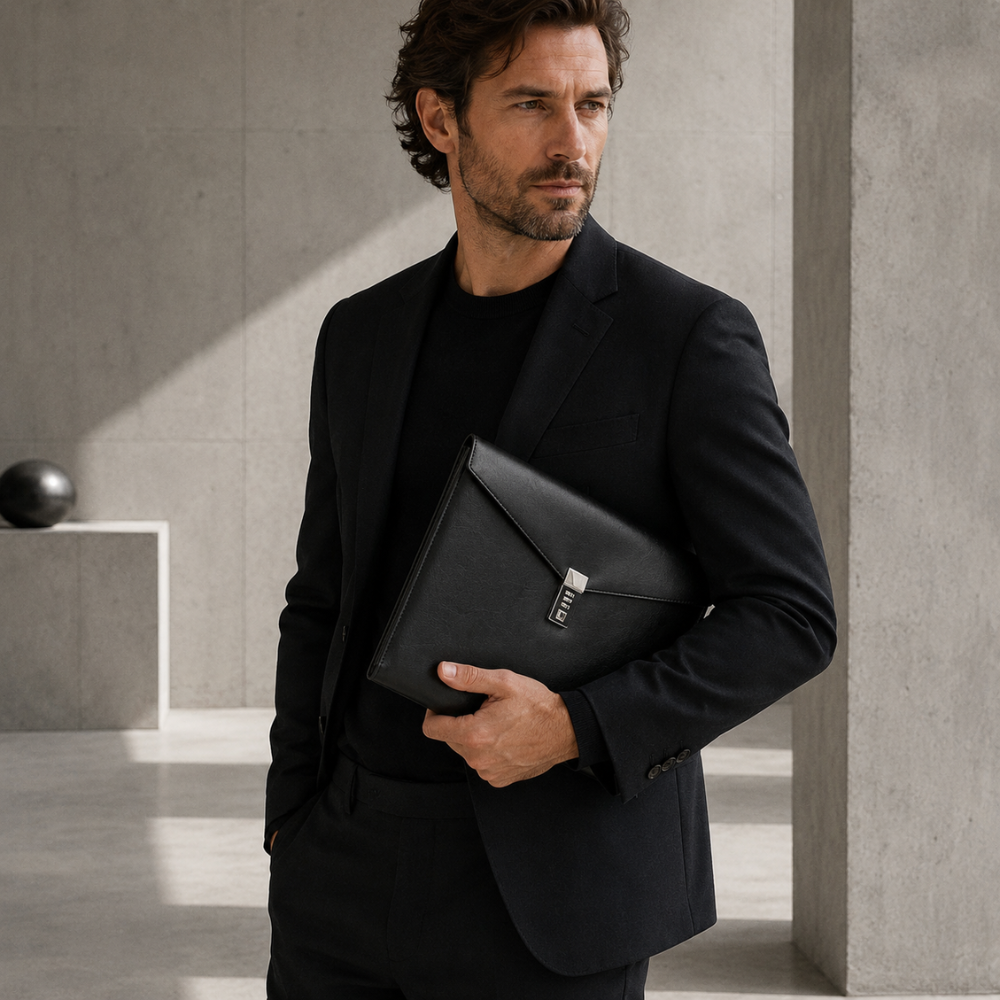 Homme en costume tenant le porte-document A4 sécurisé sous le bras