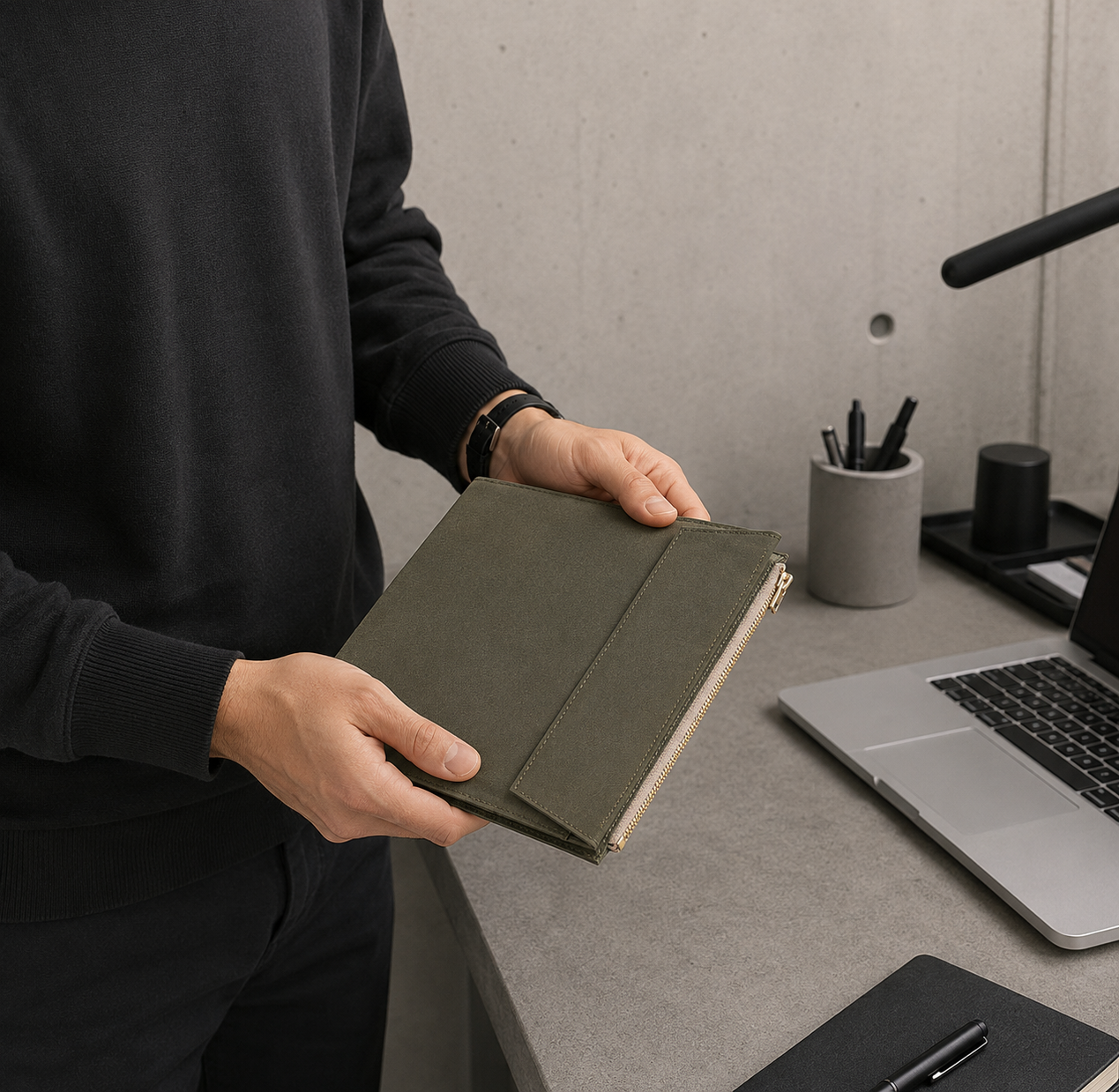 Homme tenant son porte-document en tissu kaki au bureau