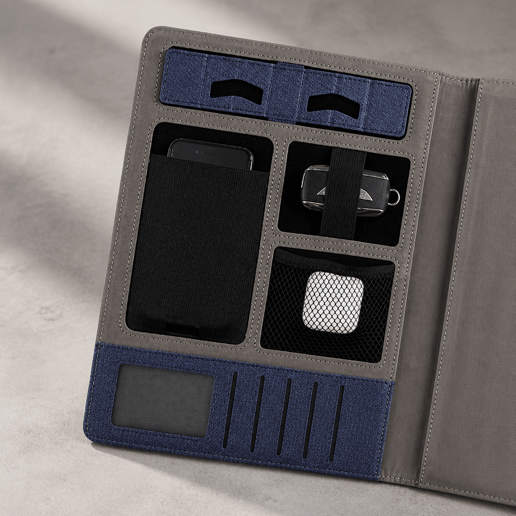 Gros plan de l'organiseur : support téléphone, porte-cartes et poche filet