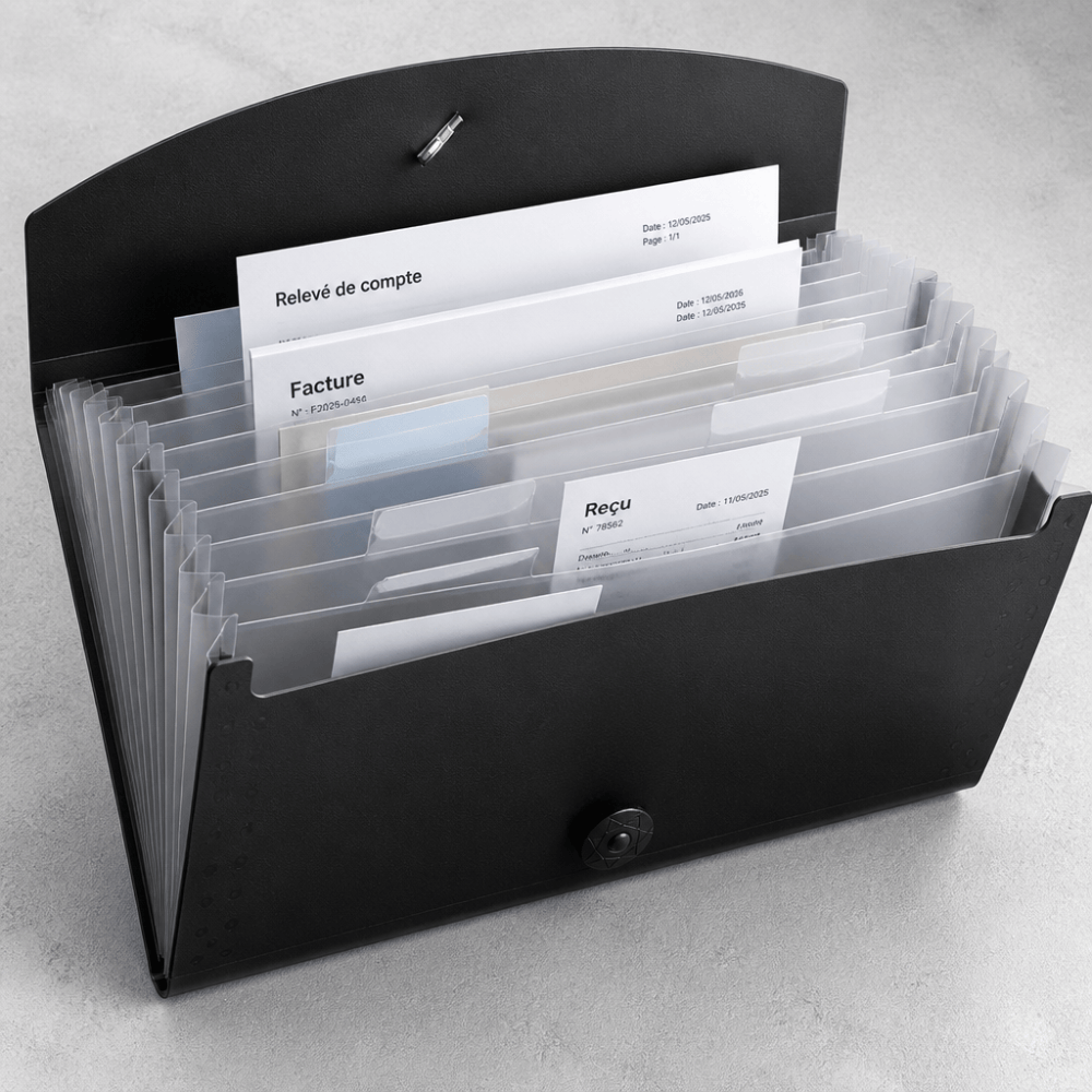Compartiments du porte-document trieur ouverts avec documents classés, vue illustrative