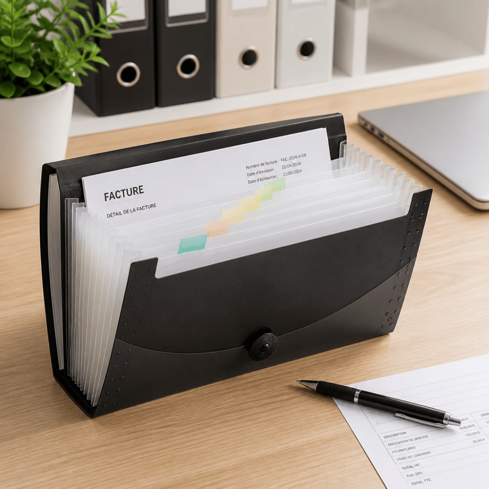 Porte-document trieur à soufflets noir ouvert sur un bureau avec des documents classés