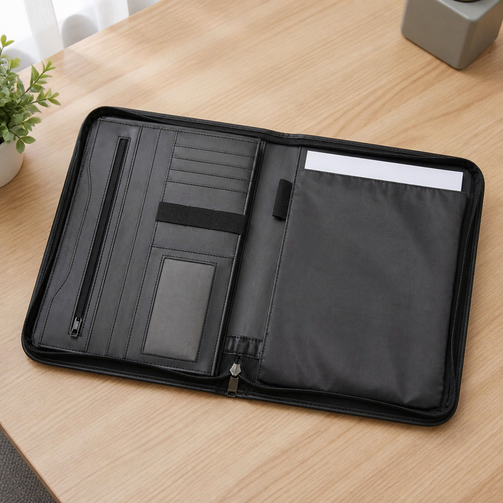 Porte-document zippé A4 noir ouvert à plat sur un bureau, poches intérieures (rendu illustratif)