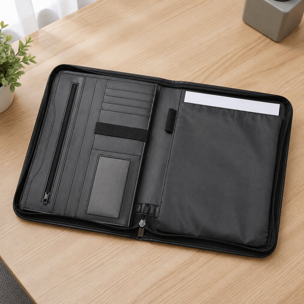 Porte-document zippé A4 noir ouvert à plat sur un bureau, poches intérieures (rendu illustratif)