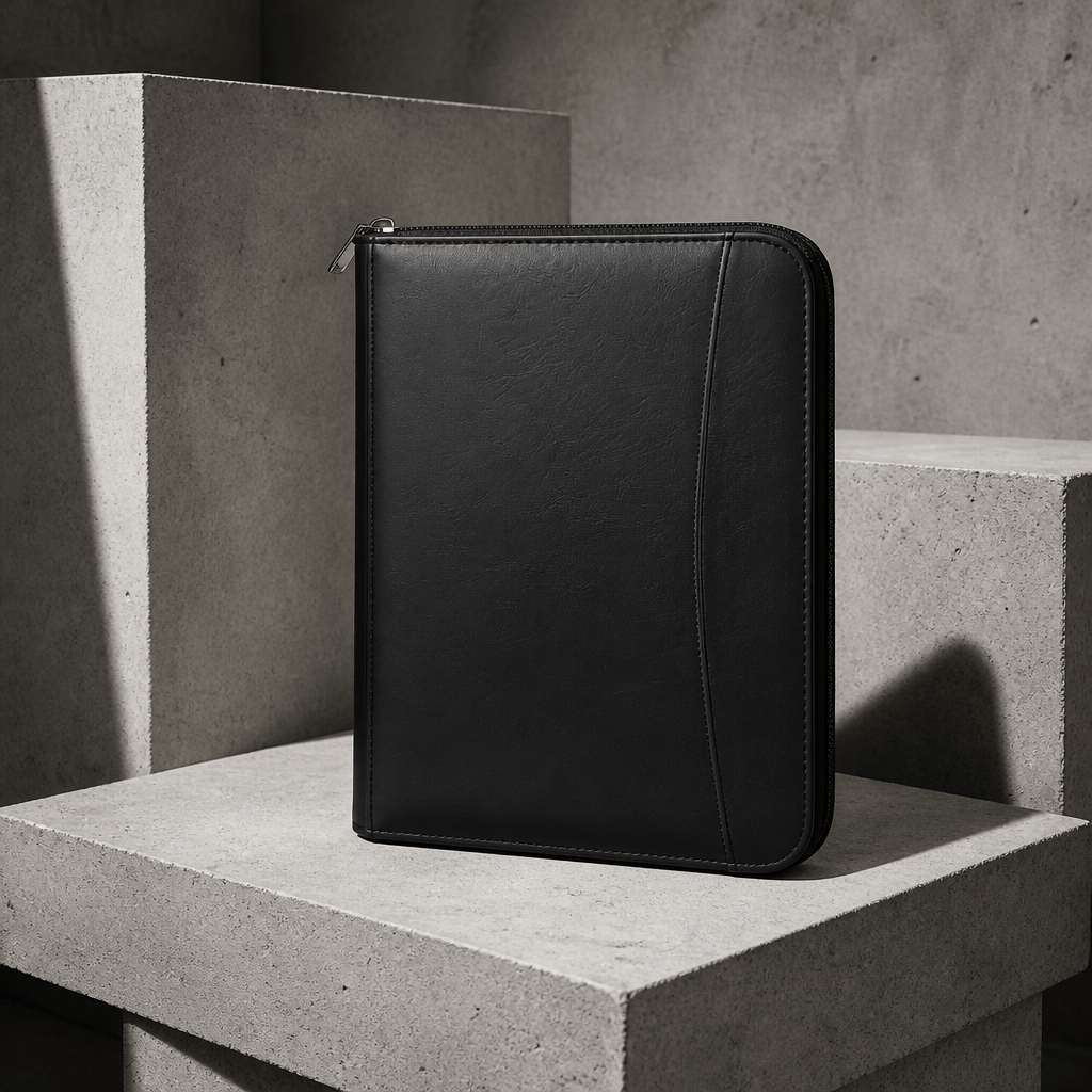 Porte-document zippé A4 noir en simili cuir, fermé, vue de face