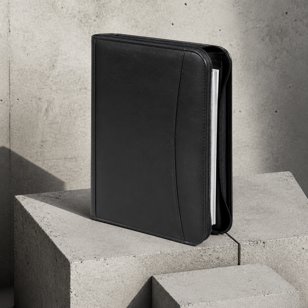 Porte-document zippé A4 noir, vue trois quarts, fermeture éclair entrouverte