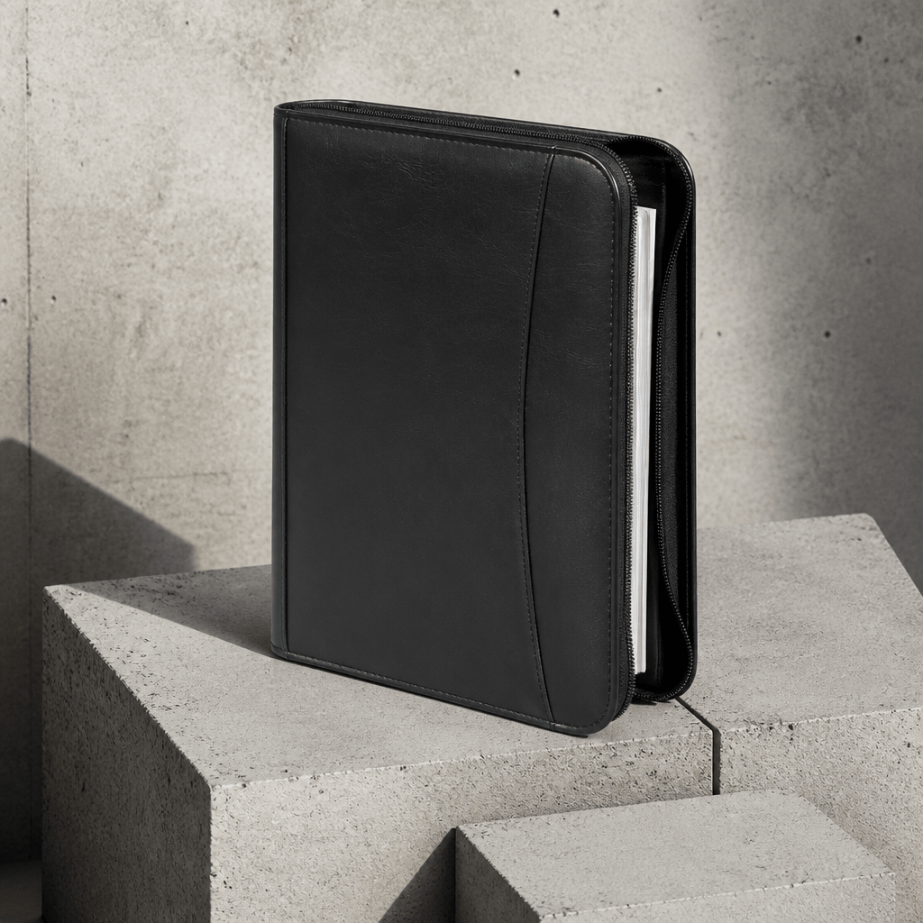 Porte-document zippé A4 noir, vue trois quarts, fermeture éclair entrouverte