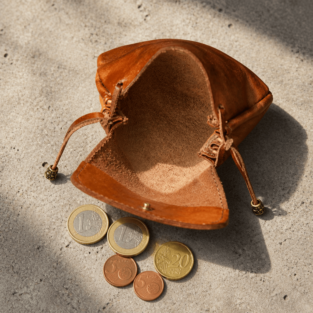 Intérieur suédé de la bourse en cuir avec pièces de monnaie