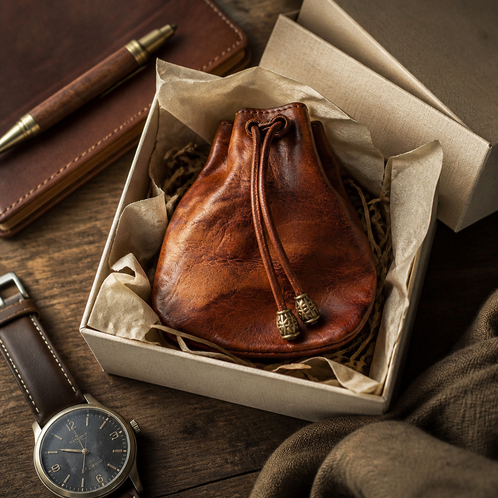 Porte-monnaie bourse homme marron présenté en coffret cadeau