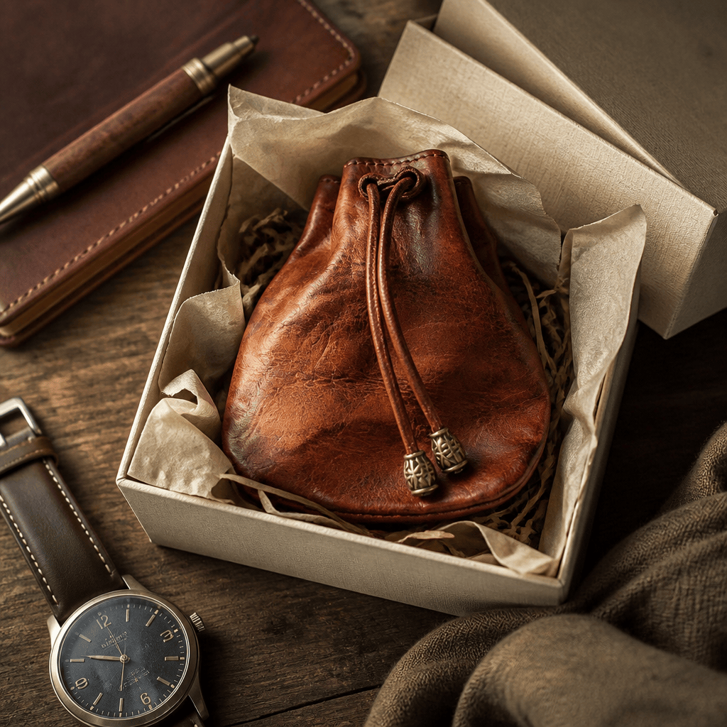 Porte-monnaie bourse homme marron présenté en coffret cadeau