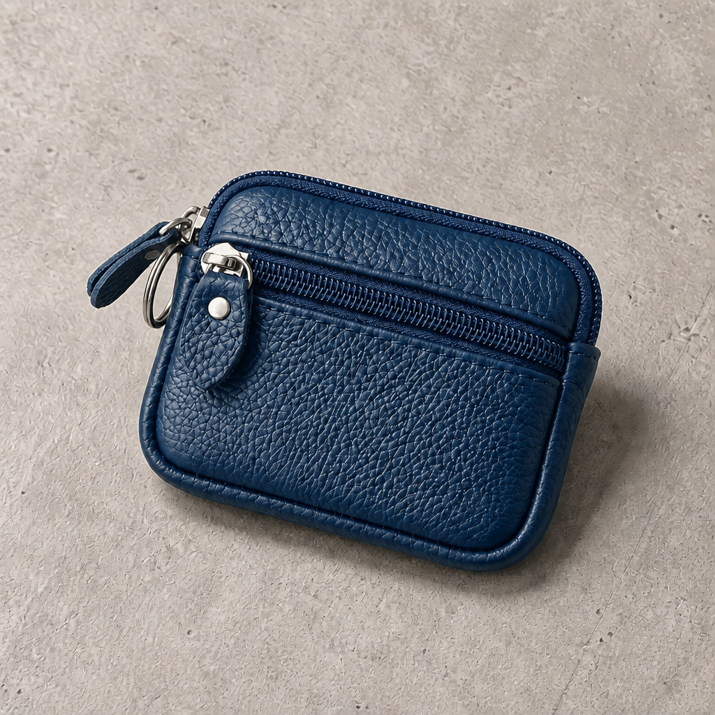 Porte-monnaie compact homme en cuir bleu zippé, vue de face