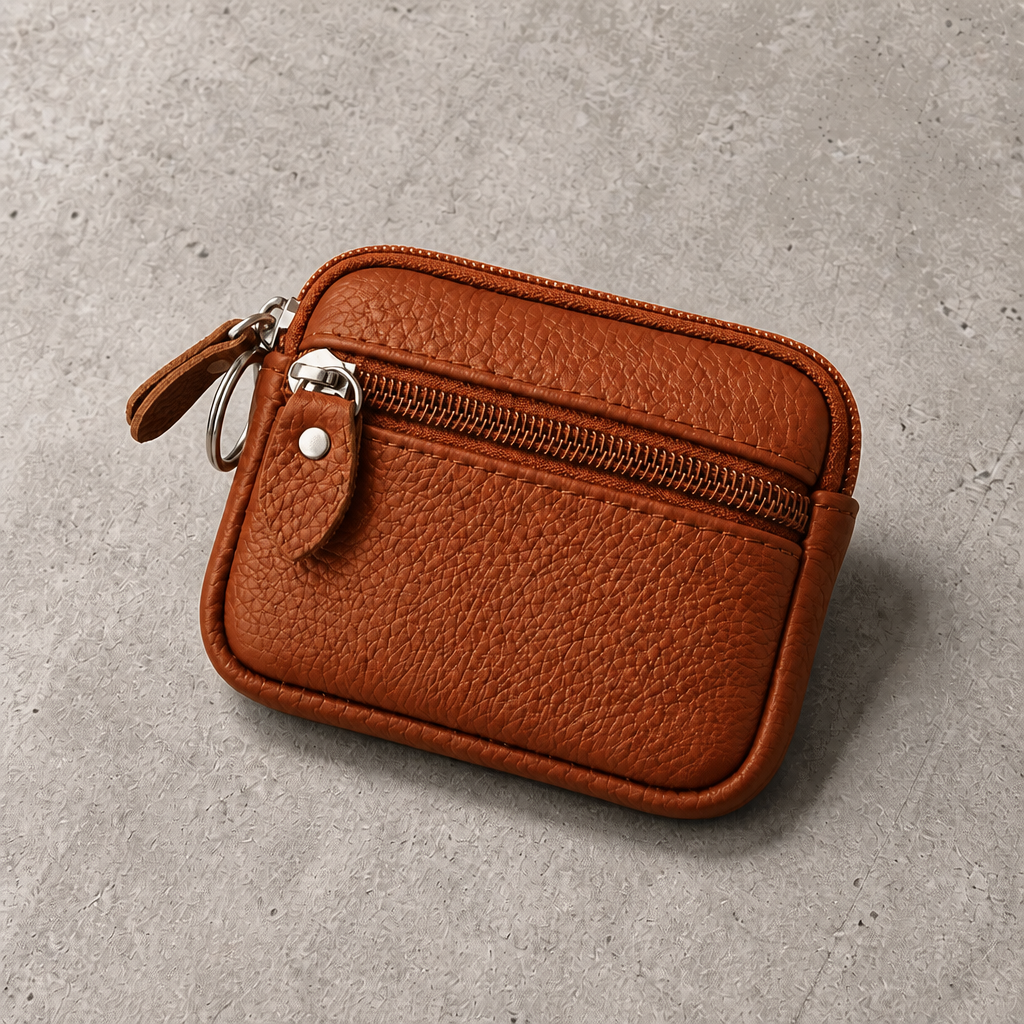 Porte-monnaie compact homme en cuir marron zippé, vue de face