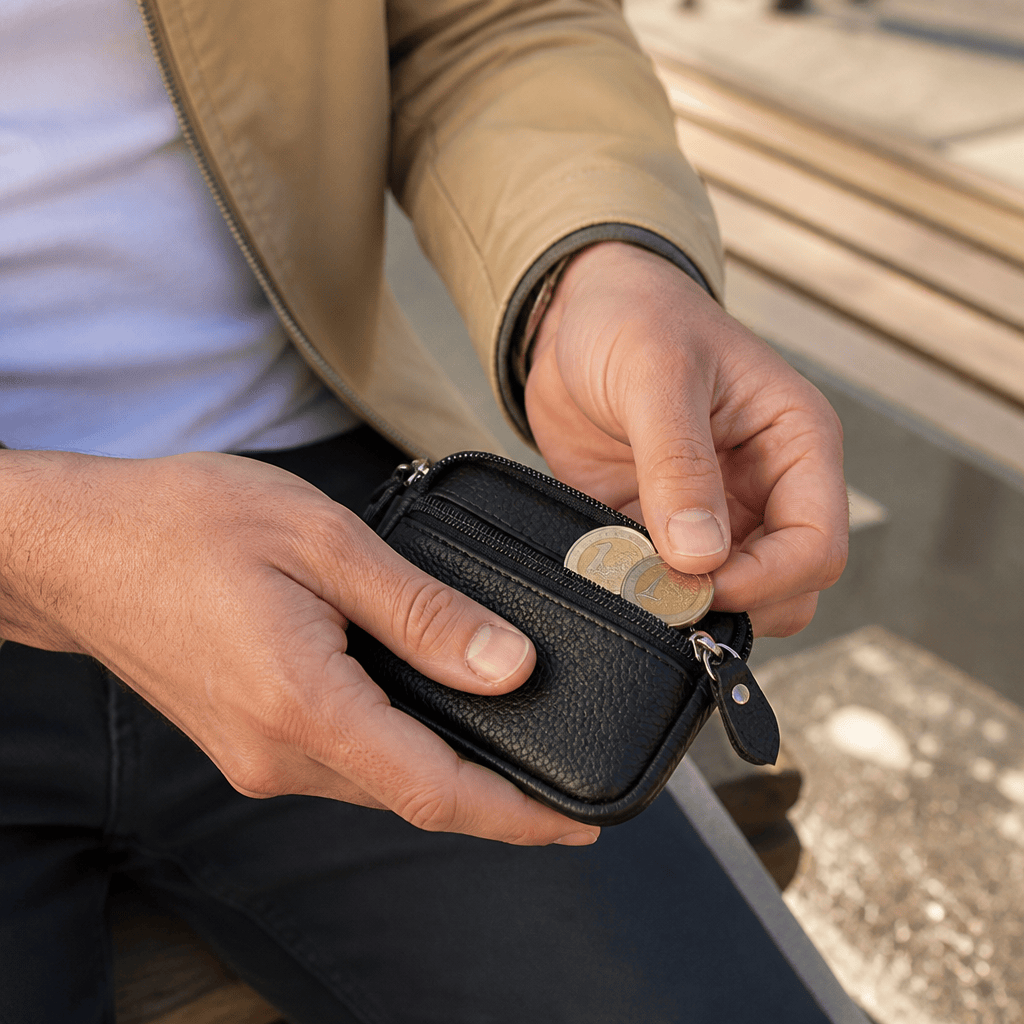 Homme ouvrant son porte-monnaie compact en cuir noir pour prendre une pièce