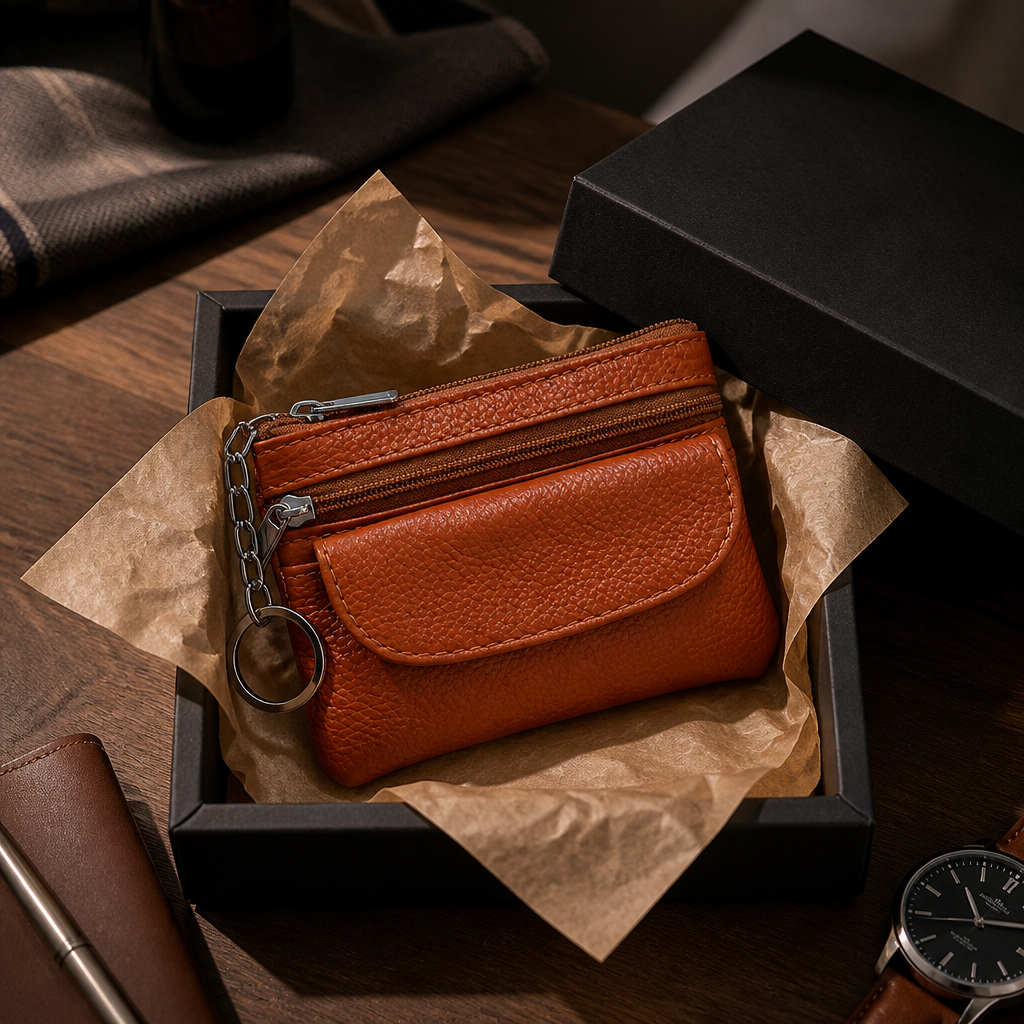 Porte-monnaie en cuir marron présenté en coffret cadeau pour homme
