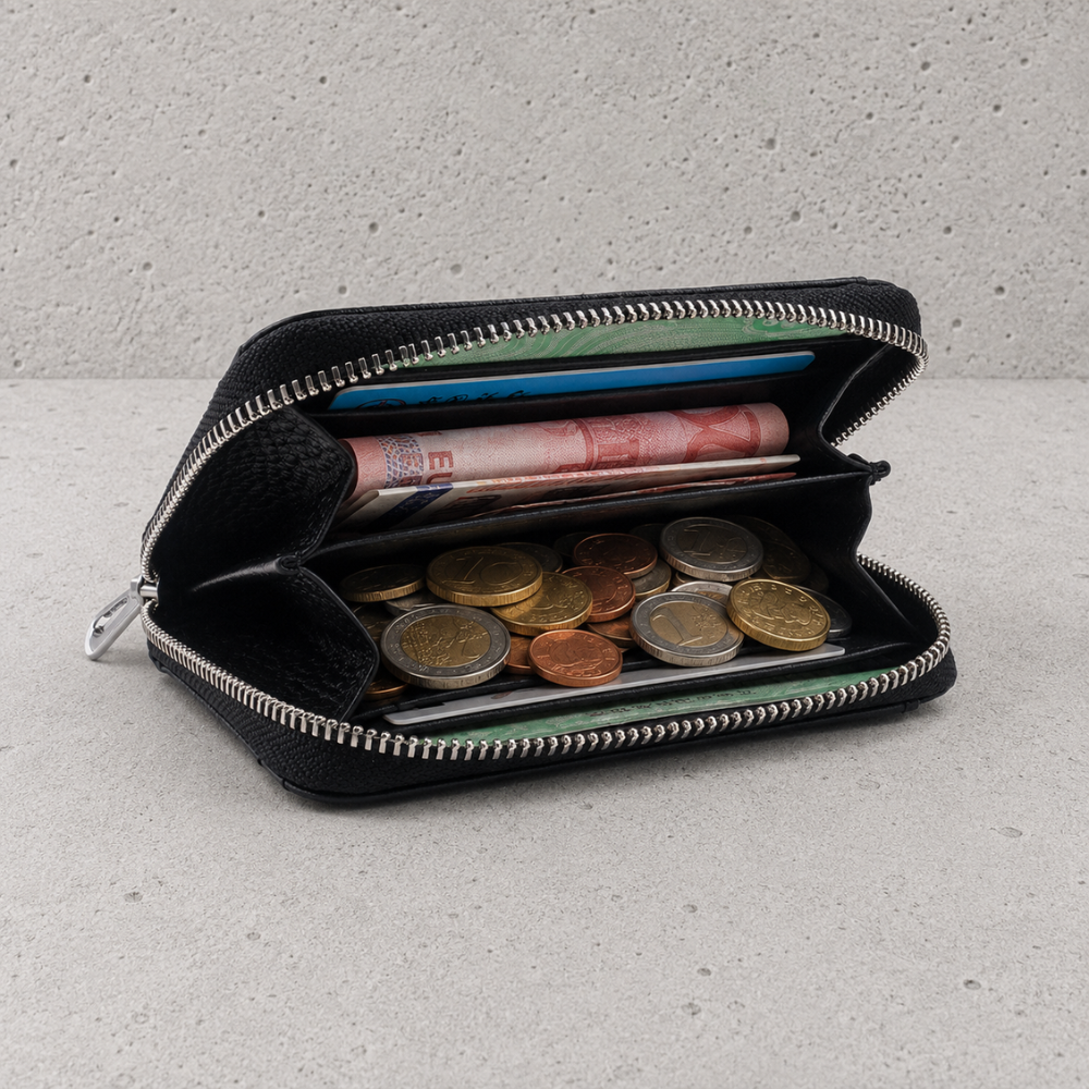 Intérieur du porte-monnaie en cuir avec emplacements cartes, billets et pièces en euros
