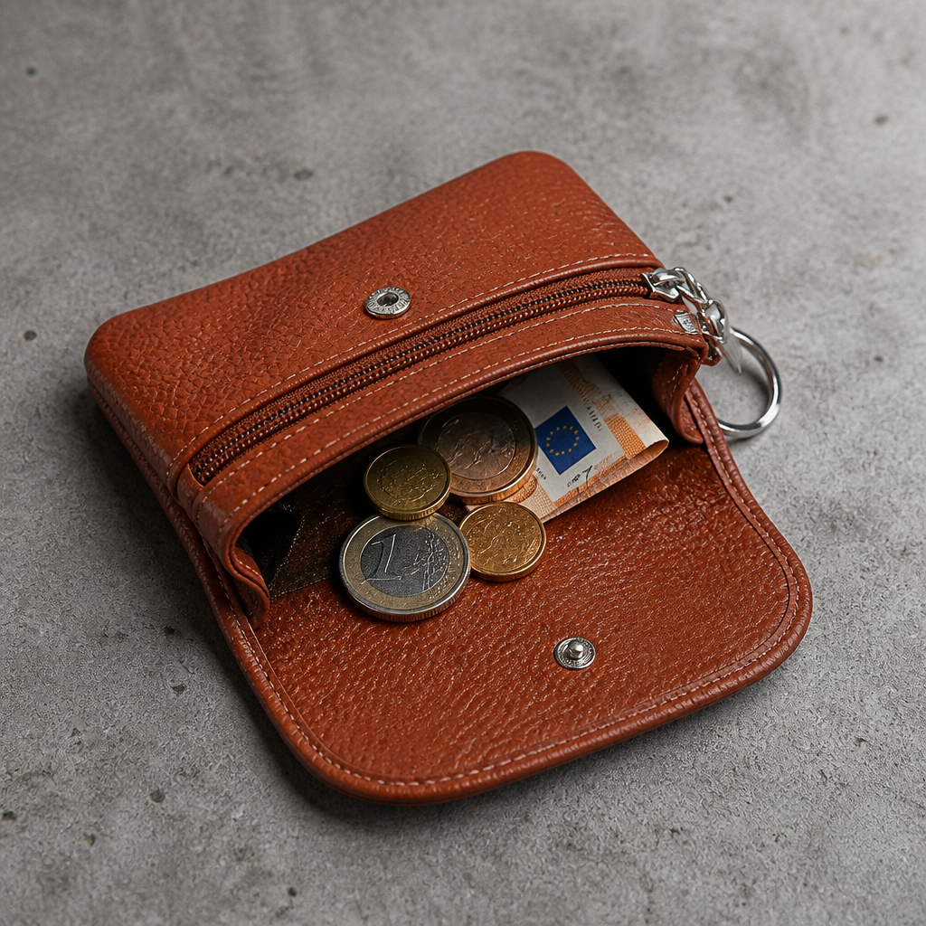 Intérieur du porte-monnaie en cuir marron avec pièces en euros (visuel illustratif)