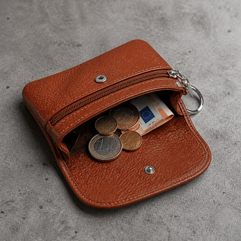 Intérieur du porte-monnaie en cuir marron avec pièces en euros (visuel illustratif)
