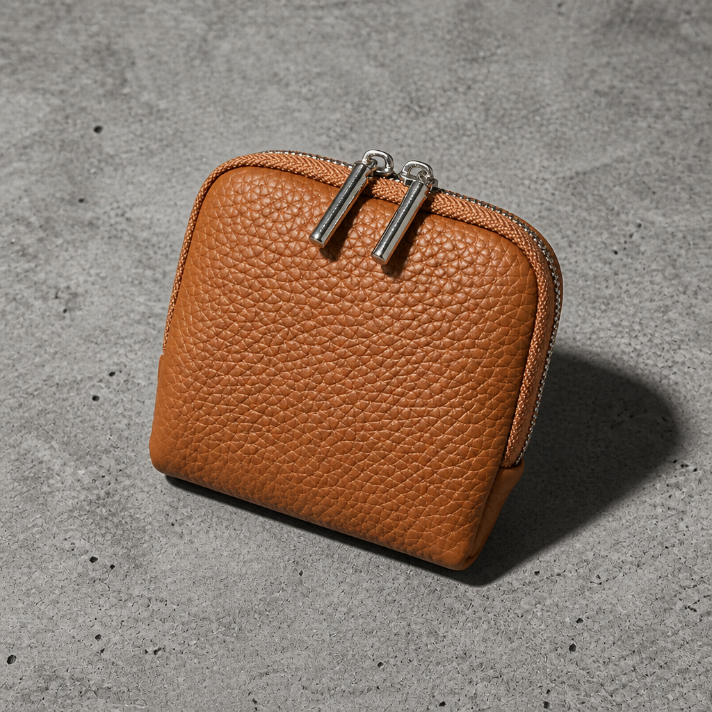 Porte-monnaie homme en cuir véritable marron, compact double zip, vue trois quarts