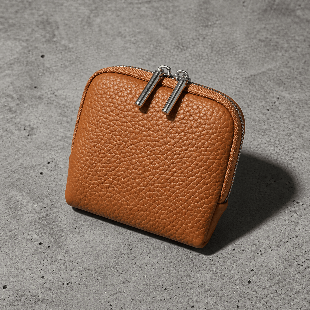 Porte-monnaie homme en cuir véritable marron, compact double zip, vue trois quarts