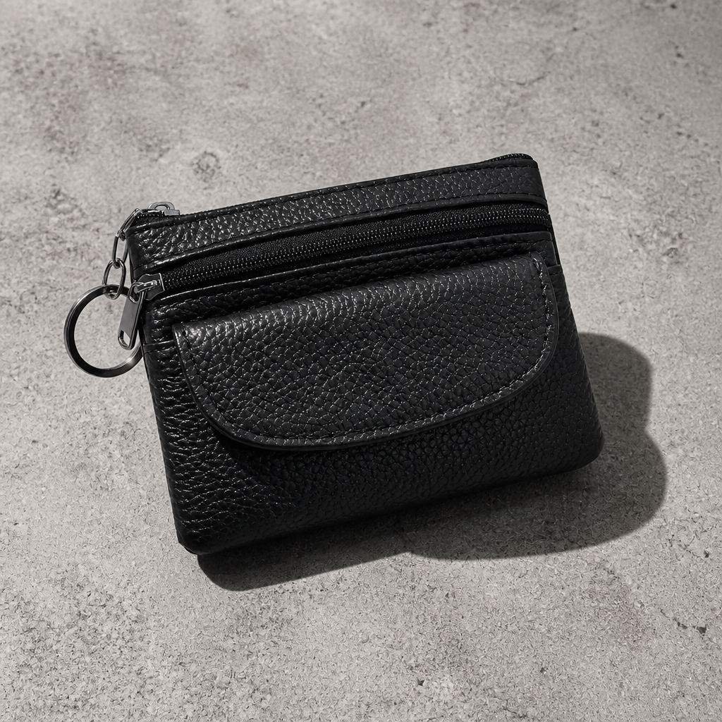 Porte-monnaie homme en cuir véritable noir, compact, vue trois quarts