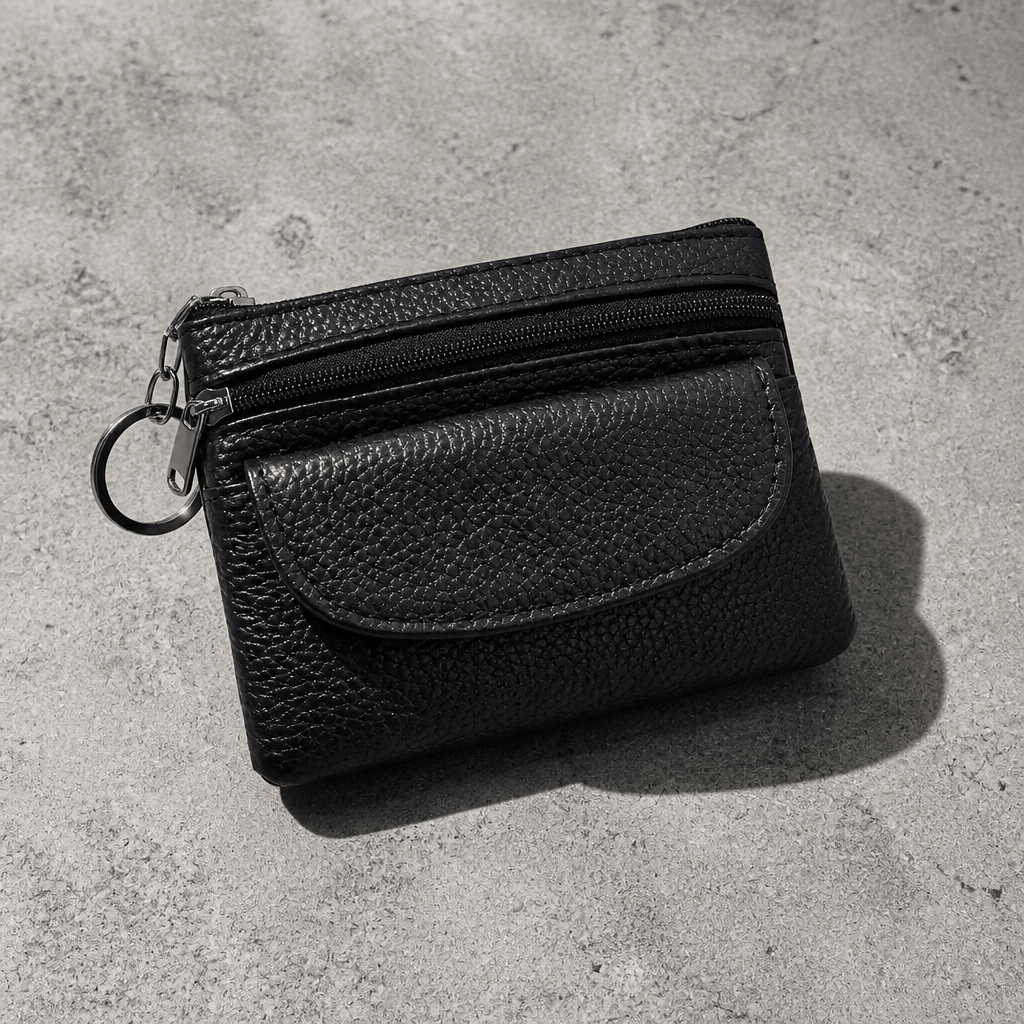 Porte-monnaie homme en cuir véritable noir, compact, vue trois quarts