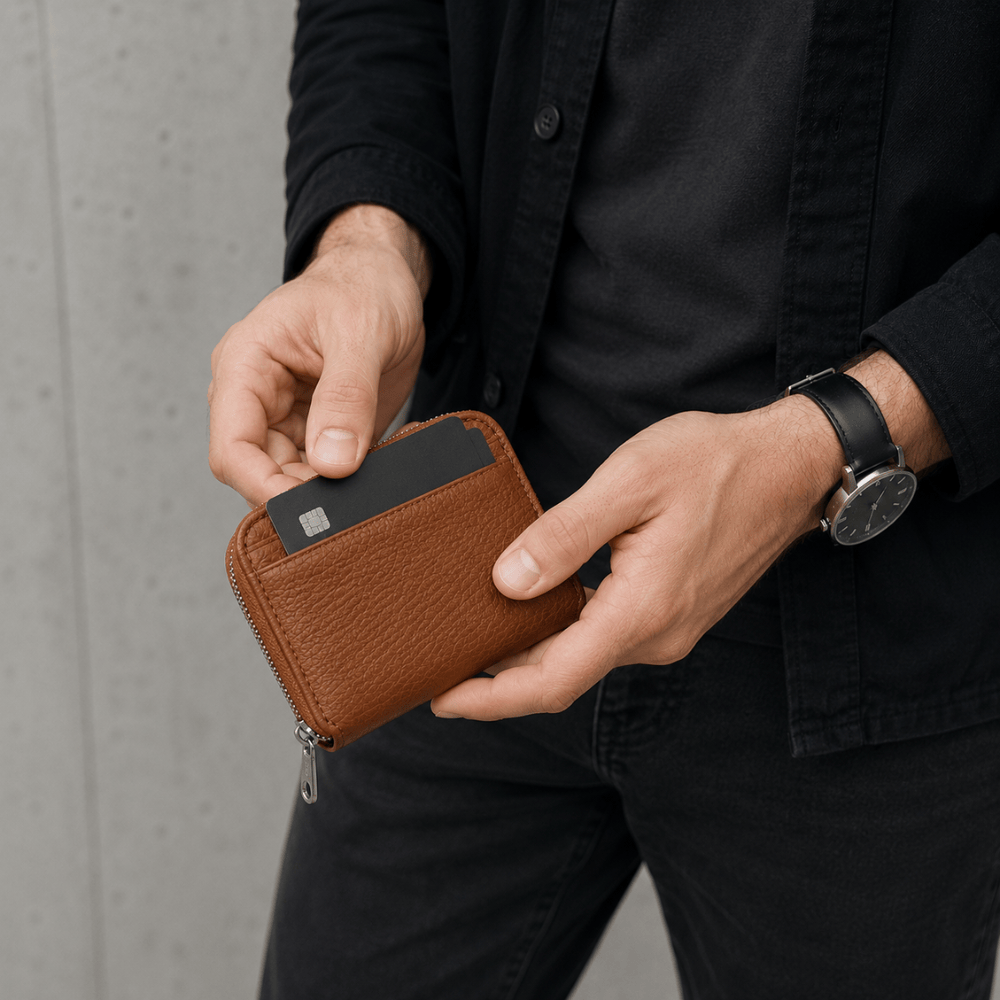 Homme tenant un porte-monnaie en cuir camel et retirant une carte bancaire