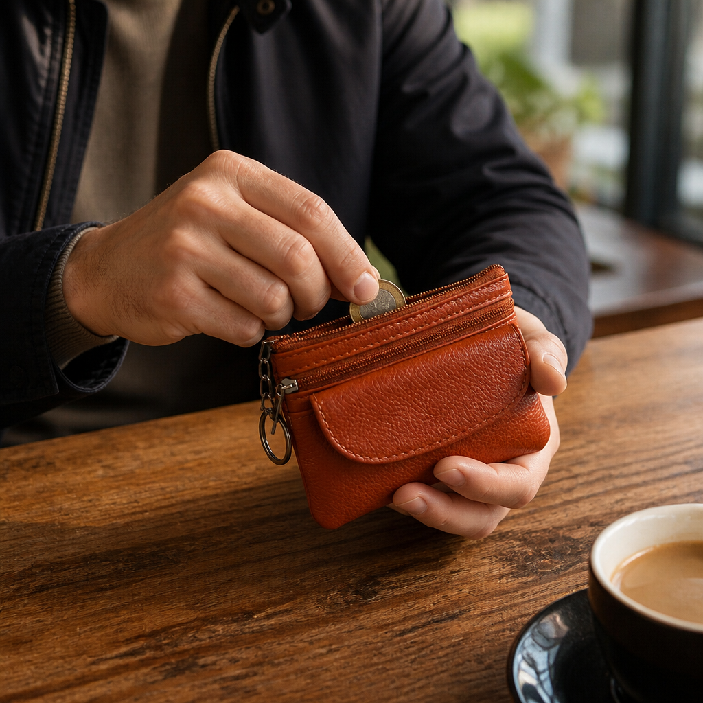 Homme utilisant le porte-monnaie compact en cuir marron au quotidien