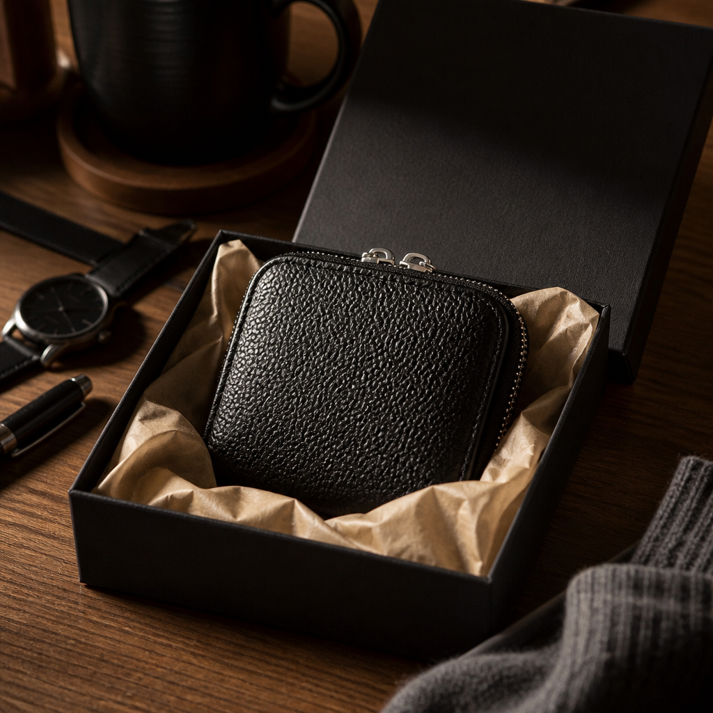 Porte-monnaie en cuir noir présenté en coffret cadeau pour homme