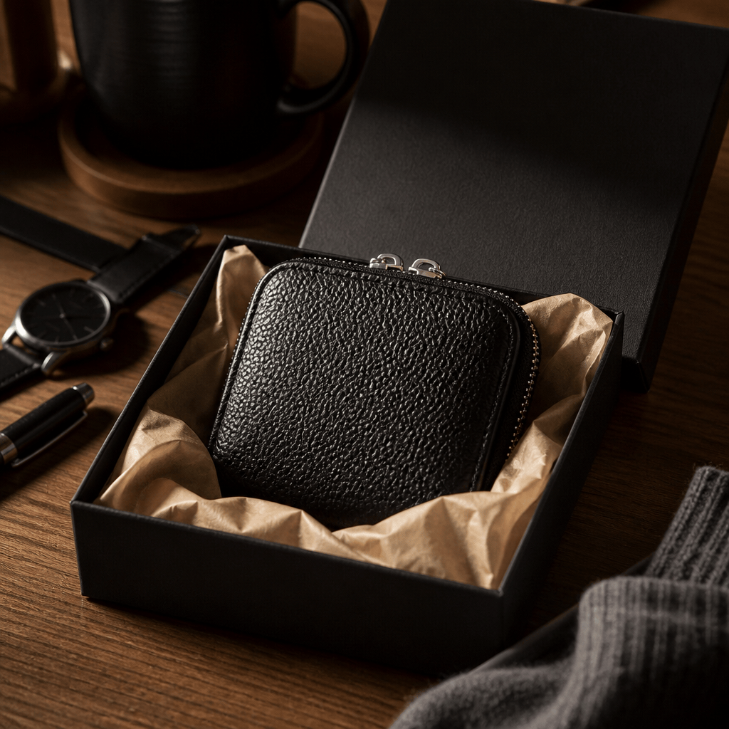 Porte-monnaie en cuir noir présenté en coffret cadeau pour homme