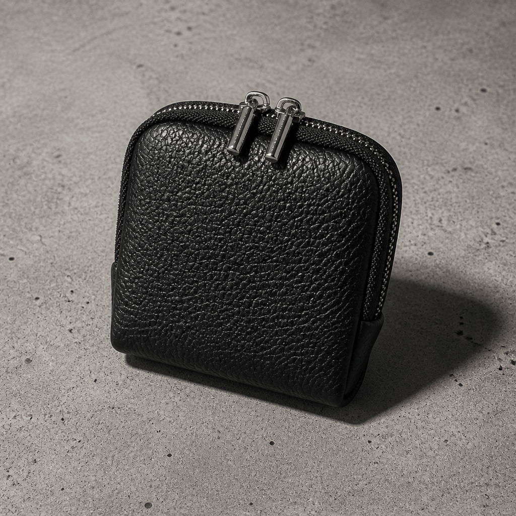 Porte-monnaie homme en cuir véritable noir, compact double zip, vue de face