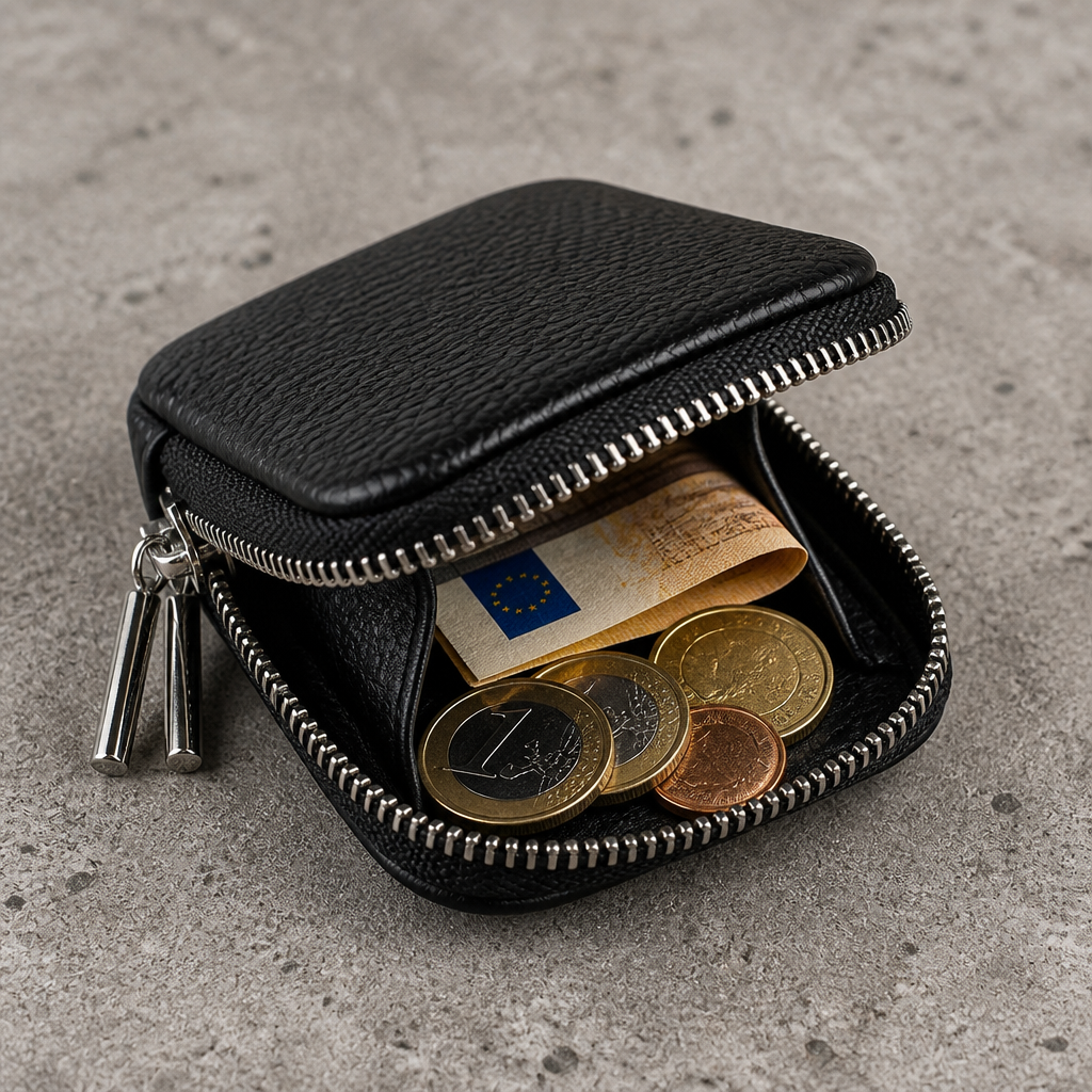 Intérieur du porte-monnaie en cuir noir avec pièces en euros (visuel illustratif)