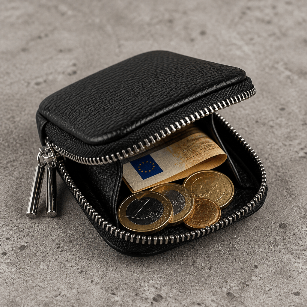 Intérieur du porte-monnaie en cuir noir avec pièces en euros (visuel illustratif)