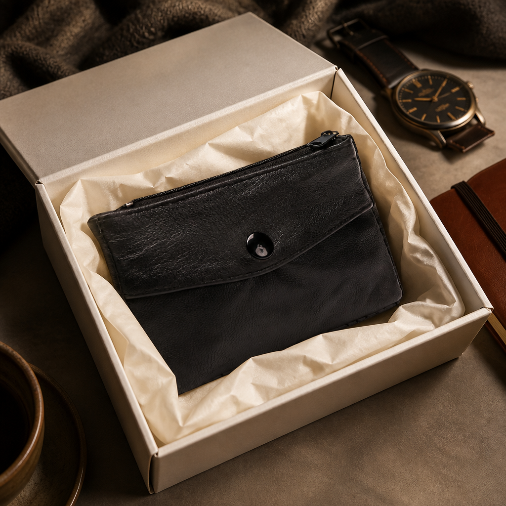 Porte-monnaie homme en cuir souple noir présenté en coffret cadeau