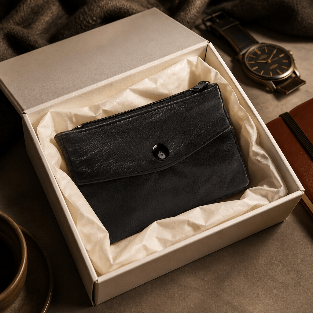 Porte-monnaie homme en cuir souple noir présenté en coffret cadeau