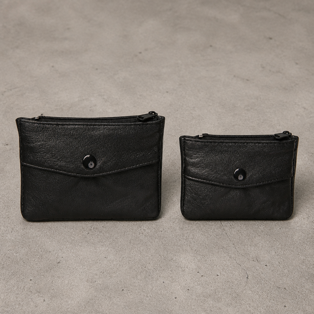 Comparaison des deux tailles du porte-monnaie en cuir souple noir : grande et petite côte à côte