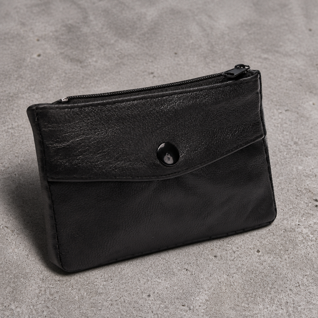 Porte-monnaie homme en cuir d'agneau souple noir, grande taille, vue de face