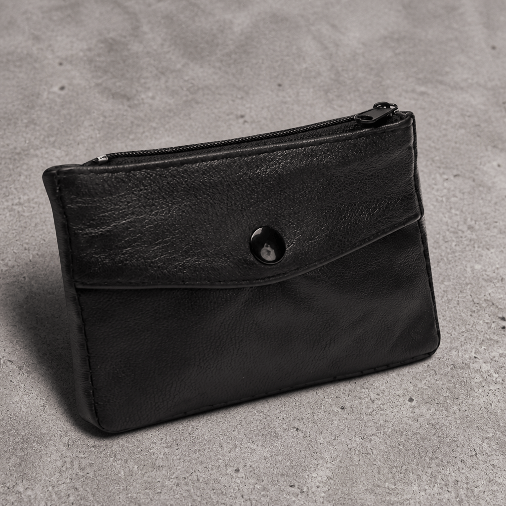 Porte-monnaie homme en cuir d'agneau souple noir, grande taille, vue de face