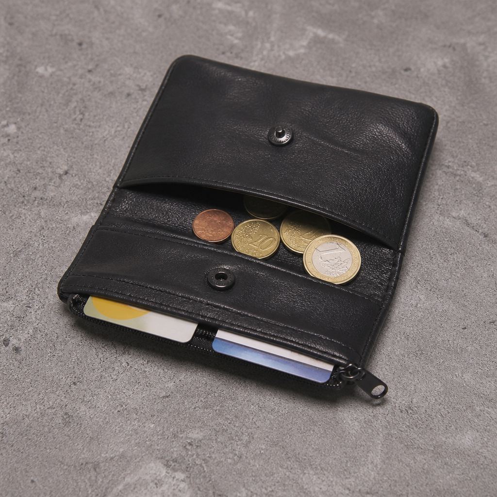 Intérieur du porte-monnaie en cuir souple noir avec pièces en euros et cartes (visuel illustratif)