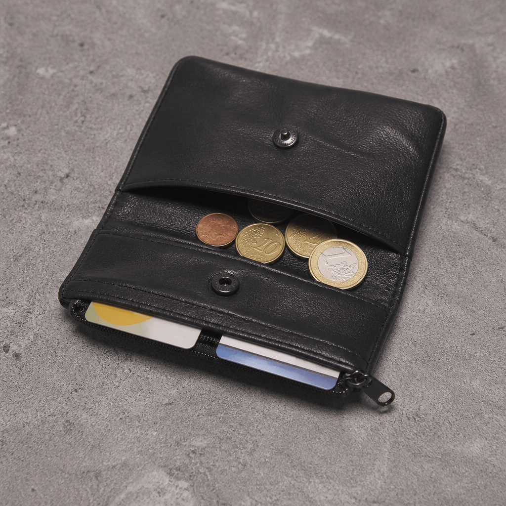 Intérieur du porte-monnaie en cuir souple noir avec pièces en euros et cartes (visuel illustratif)