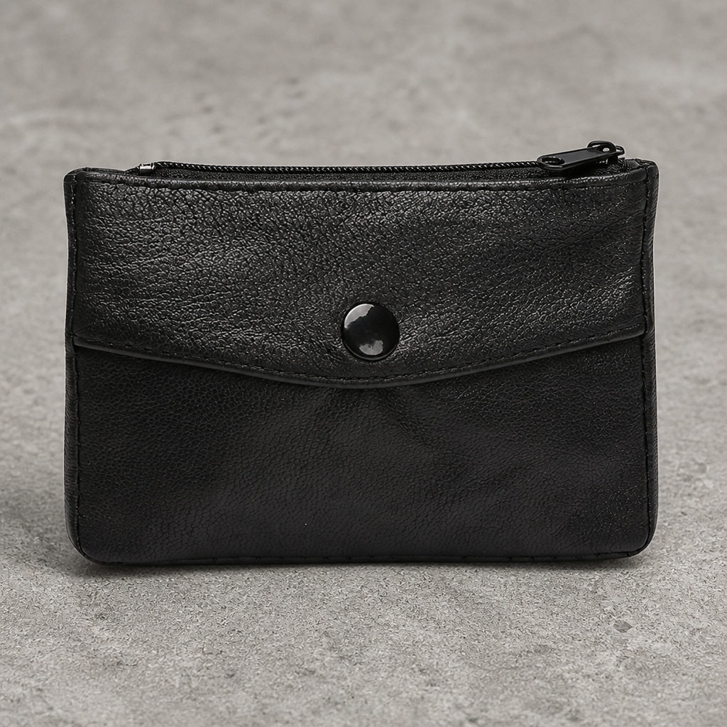 Porte-monnaie homme en cuir d'agneau souple noir, petite taille, vue de face