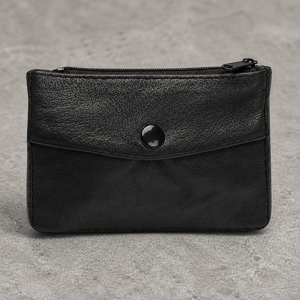 Porte-monnaie homme en cuir d'agneau souple noir, petite taille, vue de face