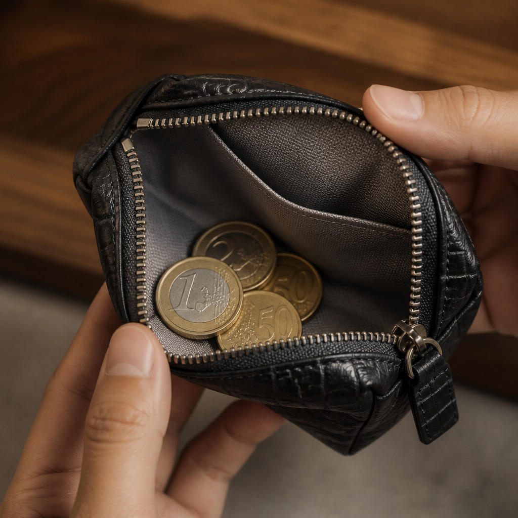 Intérieur du porte-monnaie croco avec des pièces en euros
