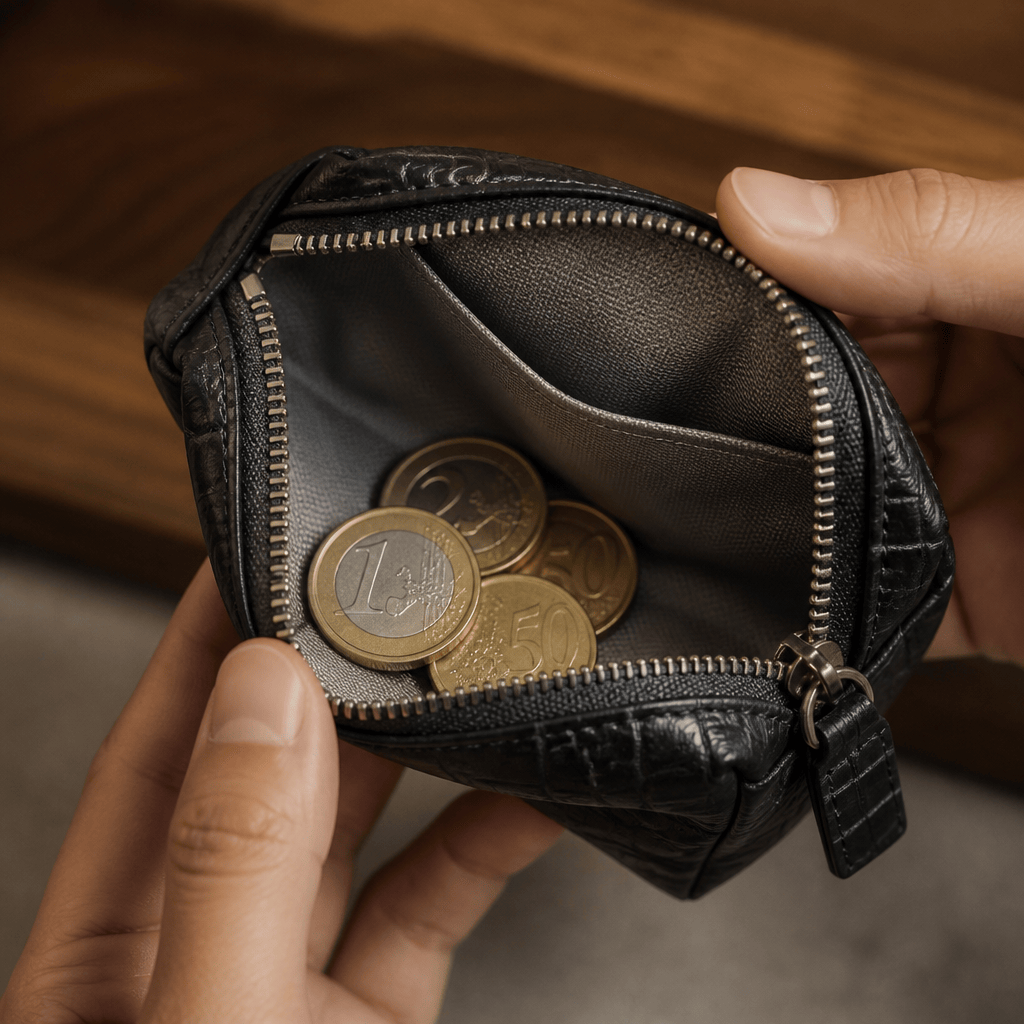 Intérieur du porte-monnaie croco avec des pièces en euros