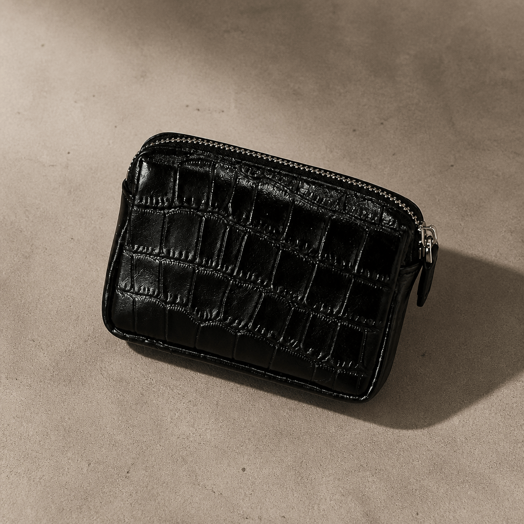 Porte-monnaie homme façon croco noir, compact zippé