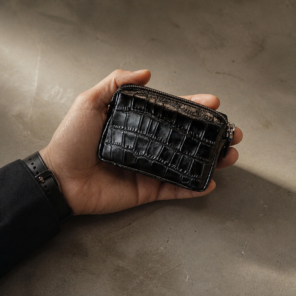 Porte-monnaie homme croco compact tenu en main