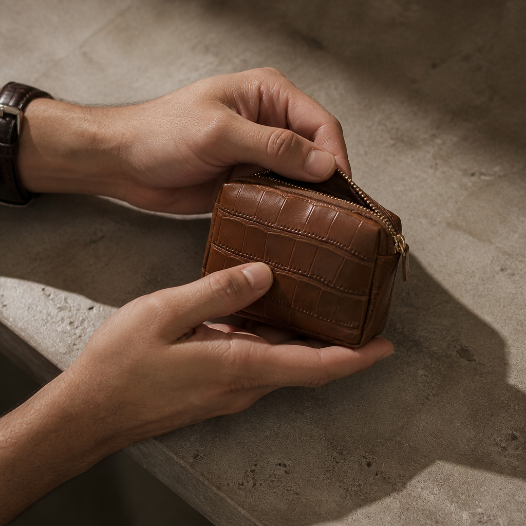Homme ouvrant son porte-monnaie homme façon croco marron
