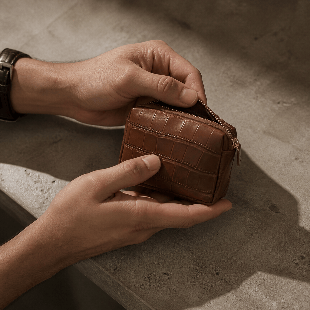 Homme ouvrant son porte-monnaie homme façon croco marron