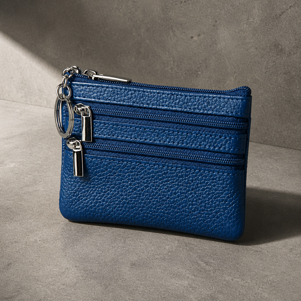 Porte-monnaie homme en cuir bleu zippé trois compartiments